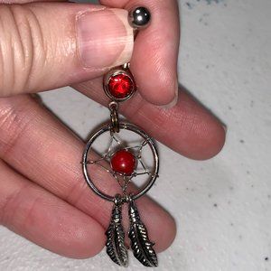 14 Gauge Dream Catcher Belly Ring, Red gem with a red bead and a gold split ring